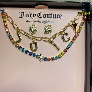Juicy Couture Stud Heart Earrings and Rainbow Rhinestone Layer Necklace Set NWT